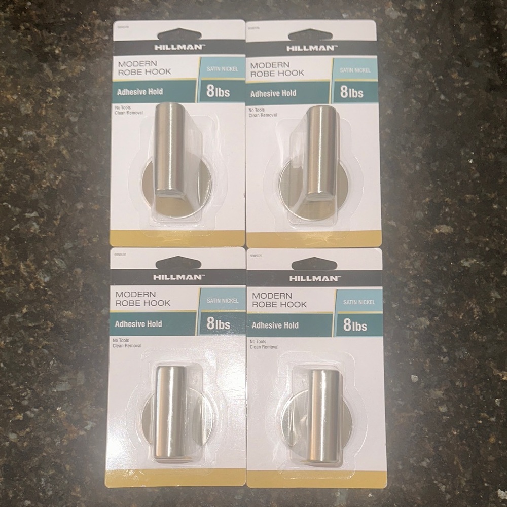 ( 4 ) Hillman Satin Nickel Modern Robe Hooks with Adhesive Hold